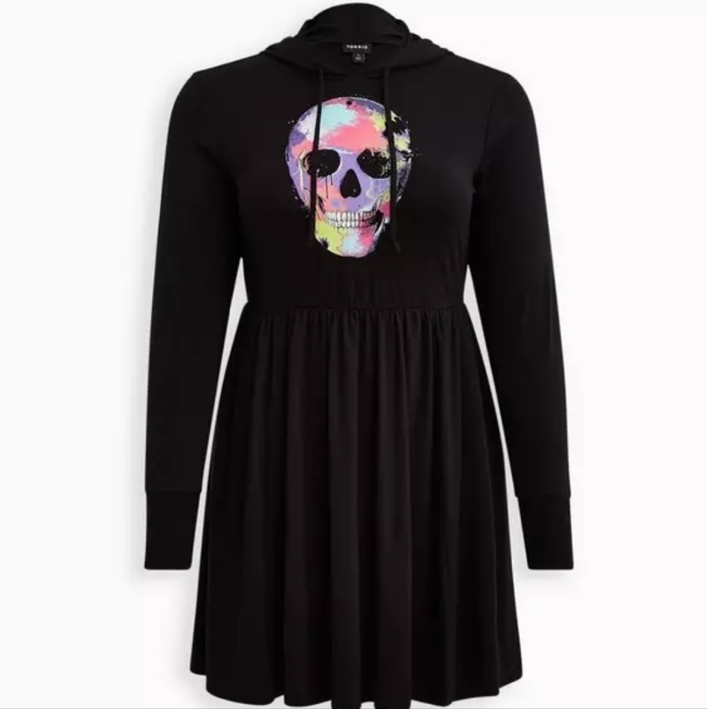 Torrid Black Hooded Skull Graphic Dress – Super Soft Knit Pockets Size 2 NWOT